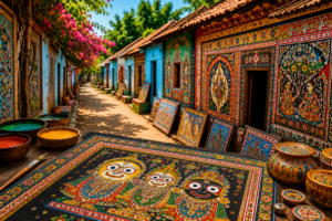 Colorful street of Raghurajpur Artistic Village, a renowned cultural and handicrafts destination in Odisha.